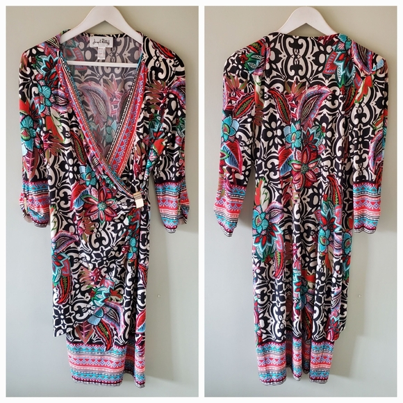 Joseph Ribkoff 8 Whimsigoth Retro Art Tropical Floral Surplice Jersey Knit Dress - Picture 1 of 13